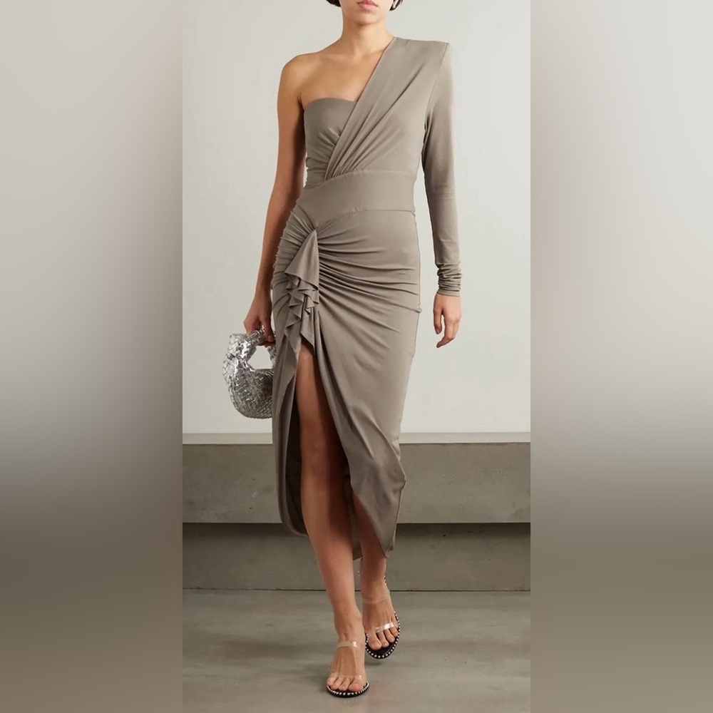 NEW ALEXANDRE VAUTHIER Asymmetric One-Sleeve Maxi Dress Sz FR 44 Mushroom